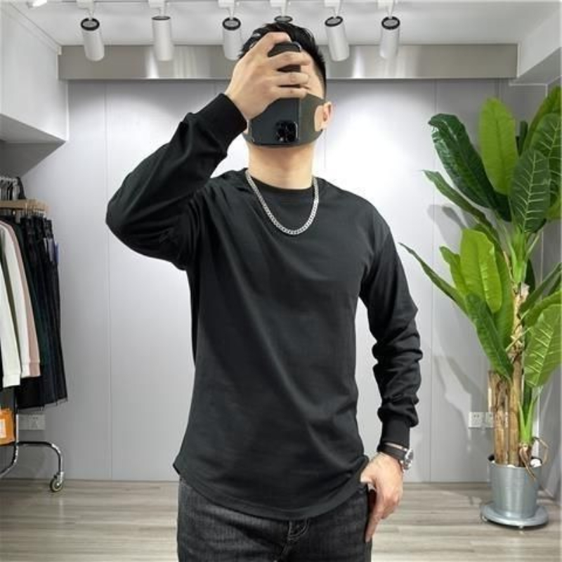 Undershirt Crew Neck - メンズ秋物ヘビーウェイト純綿プルオーバーTシャツ、カーブヘム、ボタン付きクルーネック、無地アンダーシャツ、カジュアルトップス