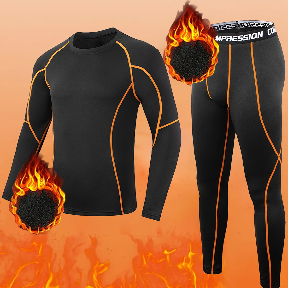 Compression Long Pant - 冬用メンズフリースアスレチック2ピースセット ジムワークアウト ランニング スポーツウェア スキー 長袖コンプレッションシャツ