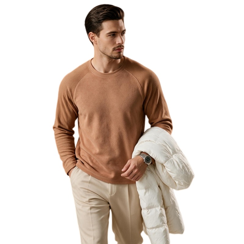 Undershirt Crew Neck - メンズフリース裏地付きウールクルーネック長袖アンダーシャツラグランスリーブサーマル秋冬ベースレイヤーインナートップ