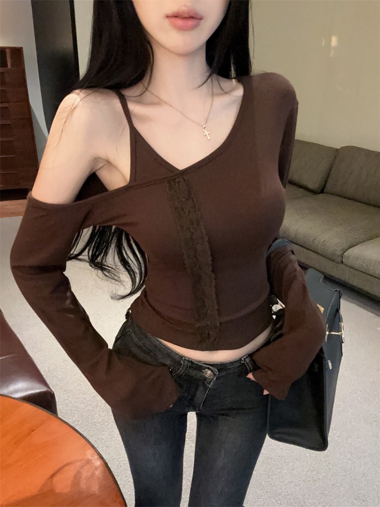 Base Layer Top - 女性のレースアンダーシャツノースリーブ長袖Tシャツ秋冬純粋な欲望セクシーなワンショルダーベースレイヤーインナーウェアトップ