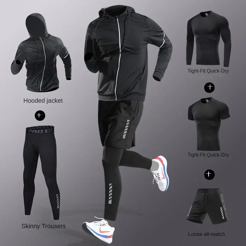 Compression Long Pant - メンズ3-5点セット アイスシルク コンプレッションウェア 速乾性 タイトトレーニングウェア ロングパンツ付き