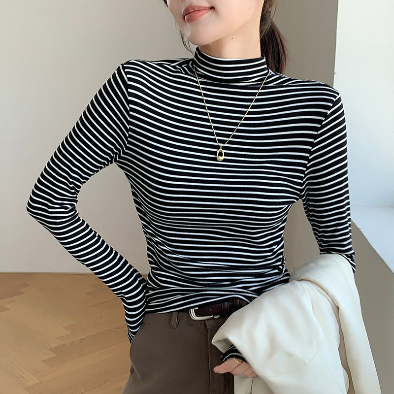 Base Layer Top - クラシックなストライプ柄の女性用モックネックトップス、スリムフィット、長袖、ベースレイヤー、エッセンシャル、快適、カジュアル、多用途、秋冬用Tシャツ