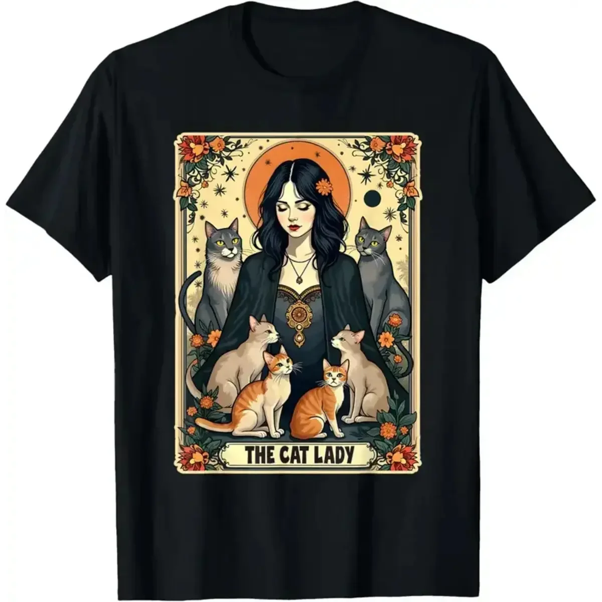 Undershirt Crew Neck - ユニセックス「猫好きの女性」タロットカード柄Tシャツ。女性向け、魔女風、ゴシック、猫好きママ向け。ユニークなグラフィックTシャツ、面白いデザインのTシャツ、カジュアルなストリートウェア、定番のシンプルなTシャツ。メンズ、レディース、半袖、クルーネック。