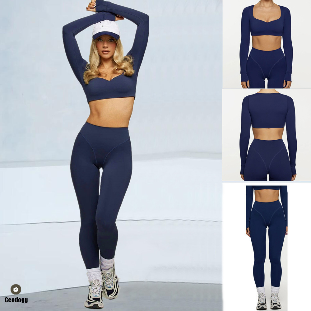 Compression Long Pant - パッド入り2ピース レディースヨガセット 長袖クロップトップ スポーツブラ ハイウエストトライアングルバットレギンス フィットネスパンツ