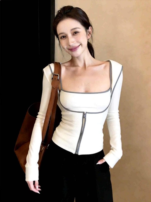 Base Layer Top - 春の純粋な欲望スパイシーガールスクエアカラージッパーベースレイヤー長袖レディースインナーデザインスリムフィットTシャツトップ