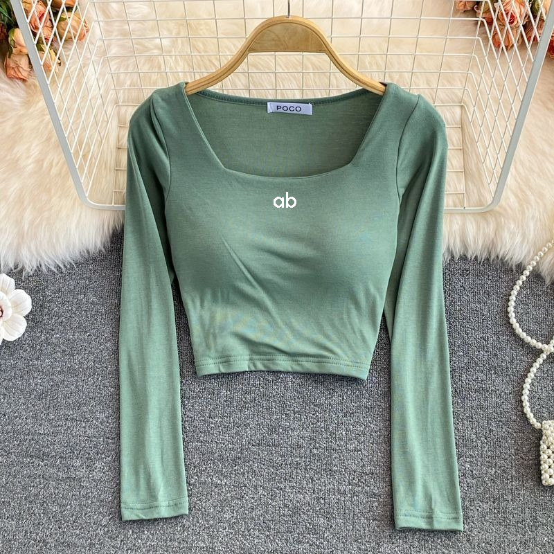 Base Layer Top - レディース韓国ファッションスクエアネック長袖Tシャツ、内蔵ブラ付きスリムフィットクロップドカジュアル秋ベーシックレイヤリングトップ