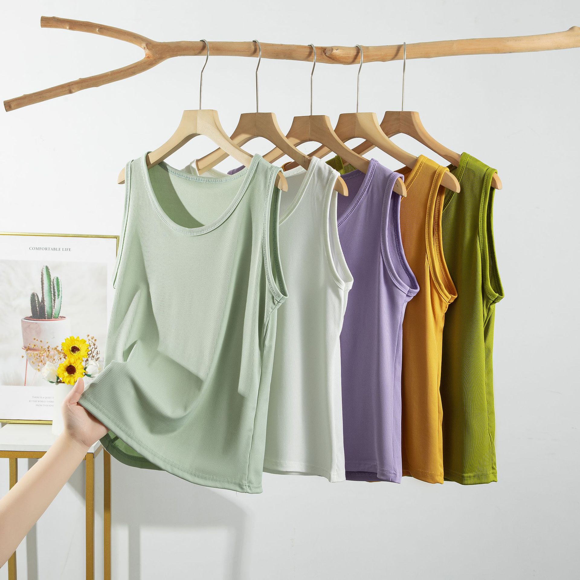 Tank Top Ribbed - 女性用リブ編みシルクTシャツ,リブトップ,VネックTシャツ,無地Tシャツ,夏,2XL