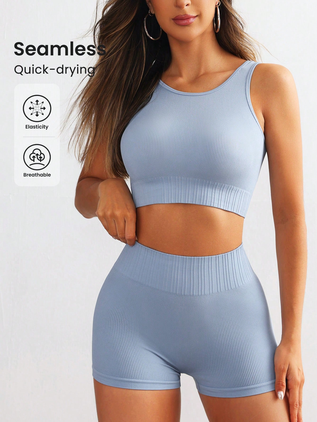 Tank Top Ribbed - 女性用シームレスリブ編みヨガセット ノースリーブ ラウンドネック クロップドタンクトップ ハイウエスト バイカーショーツ