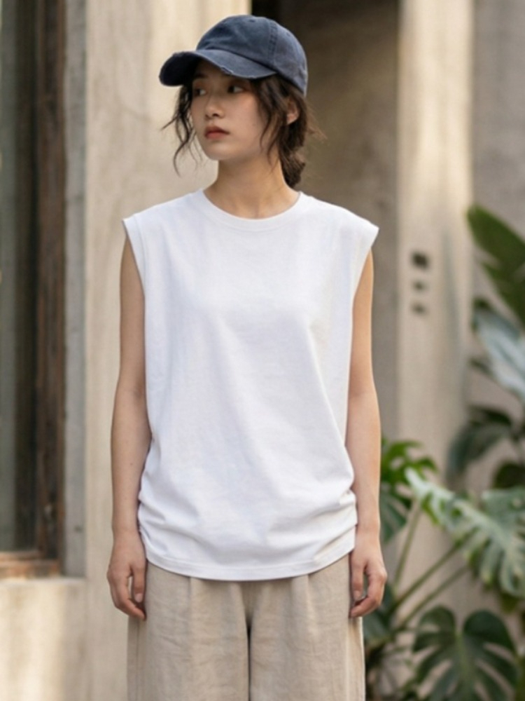 2026年夏 コットン Oネック ノースリーブベスト 無地  - Tank Top Ribbed のレビューと価格