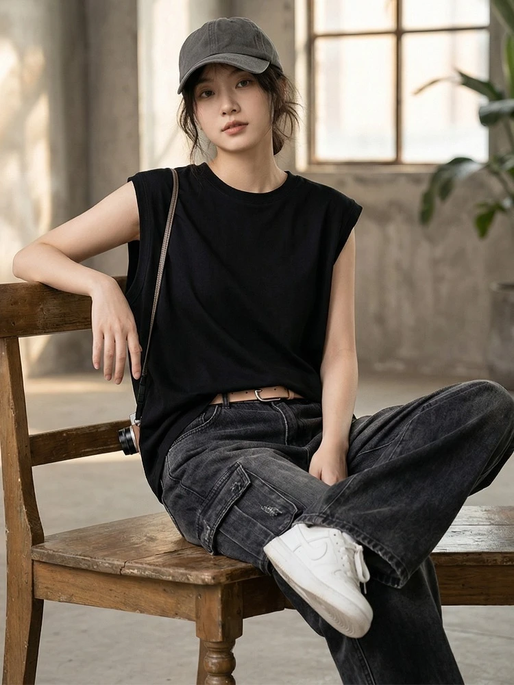 2026年夏 コットン Oネック ノースリーブベスト 無地  - Tank Top Ribbed のレビューと価格