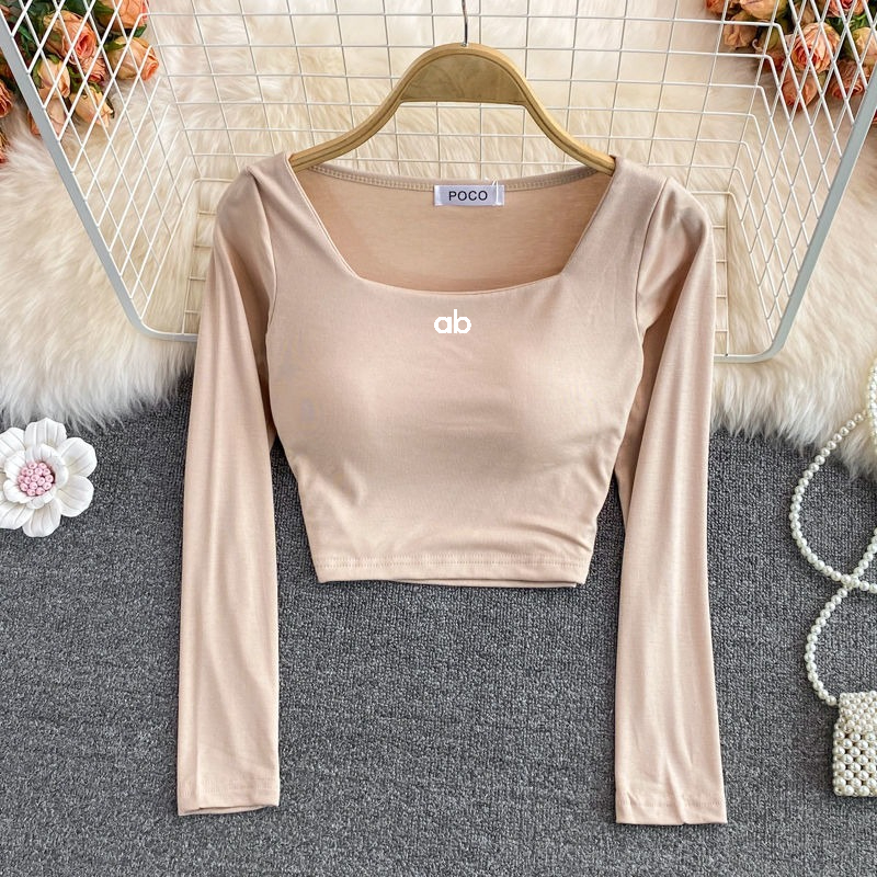 レディース韓国ファッションスクエアネック長袖Tシャツ、内蔵ブ - Base Layer Top のレビューと価格