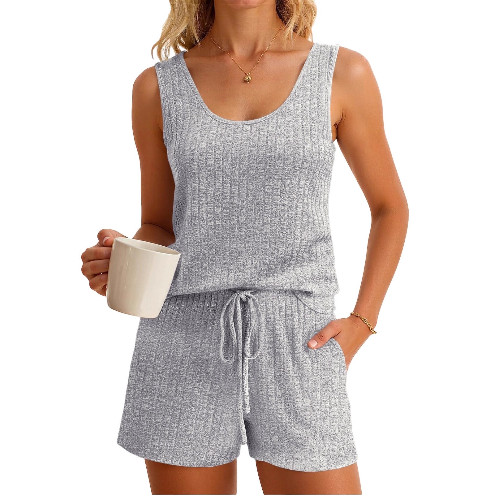 レディース春夏ノースリーブタンクトップ＆無地ニットドロースト - Tank Top Ribbed のレビューと価格