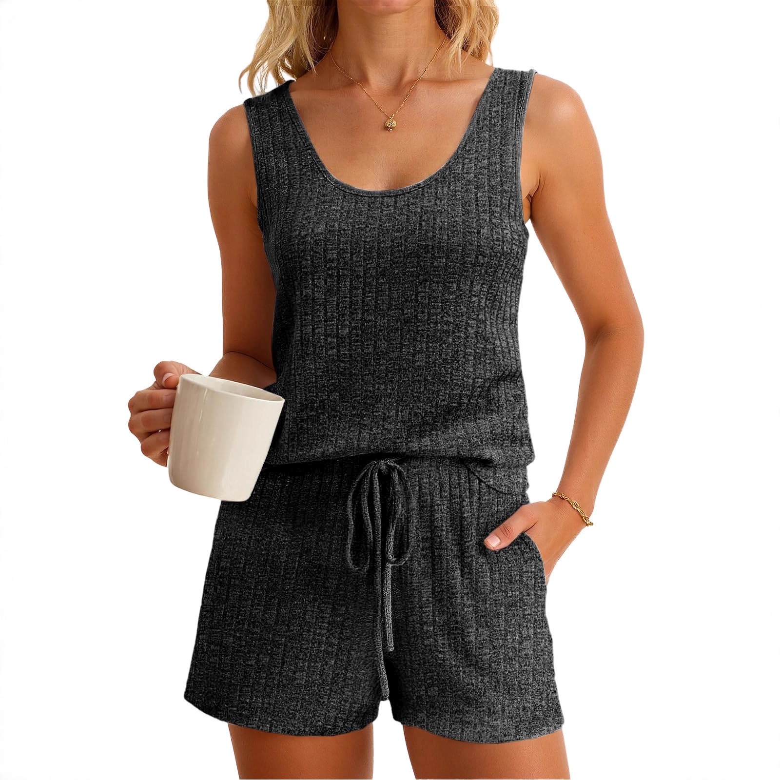 レディース春夏ノースリーブタンクトップ＆無地ニットドロースト - Tank Top Ribbed のレビューと価格